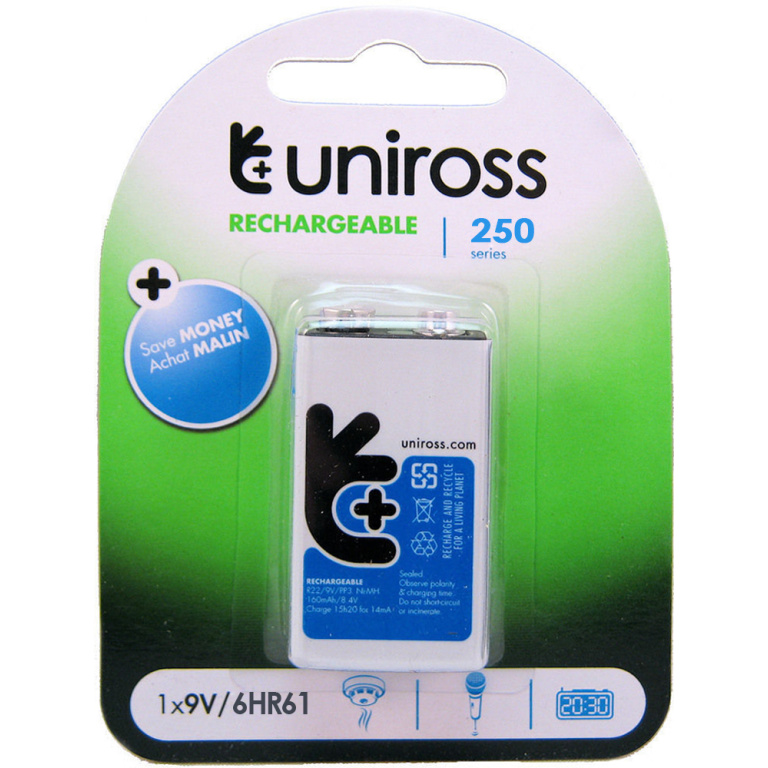 סוללה נטענת Uniross 9V 250mAh סוללה נטענת Uniross 9V 250mAh