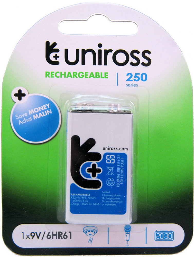 סוללה נטענת Uniross 9V 250mAh סוללה נטענת Uniross 9V 250mAh