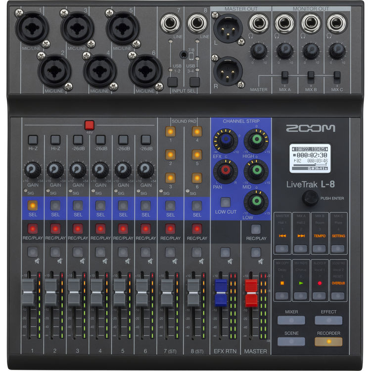 Zoom LiveTrak L8 מיקסר הקלטה לפודקאסט והופעות Zoom LiveTrak L8 מיקסר הקלטה לפודקאסט והופעות